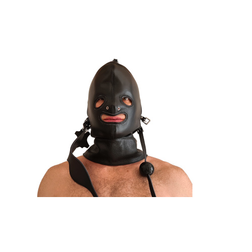 BDSM-mask i läder, munkavle, ögonbindel